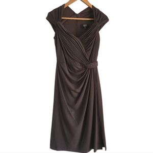 Tadashi Collection Seton Brown Pleated Draped Midi Cocktail‎ Dress Sz XS